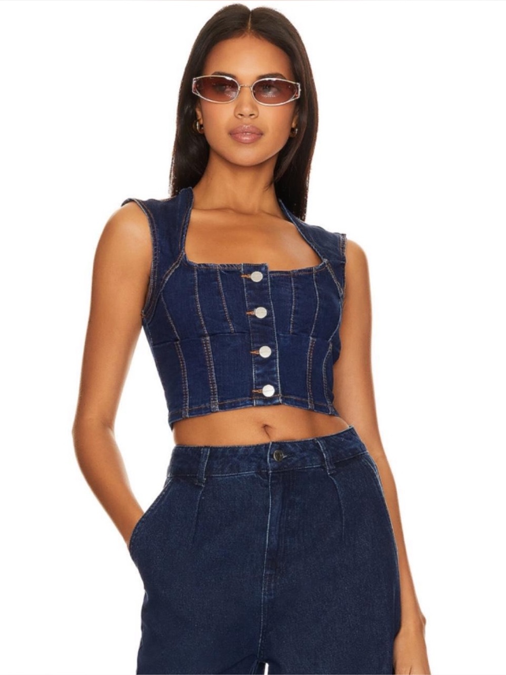 SUPERDOWN Dark Blue Cropped Denim Tank with Buttons